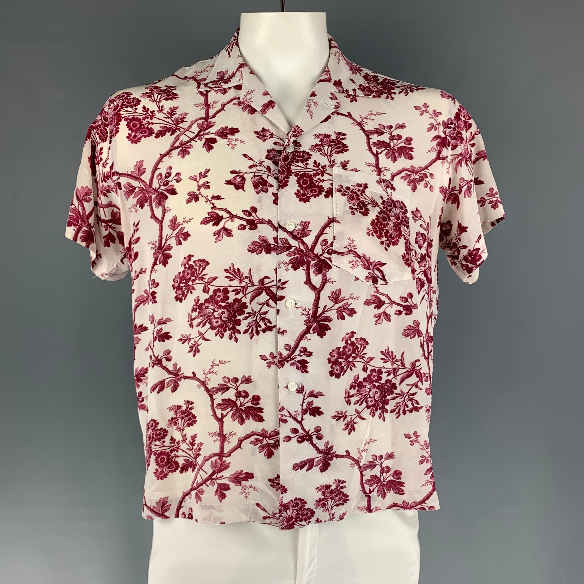 Bode Off White Burgundy Floral Rayon Camp Short Sleeve Shirt